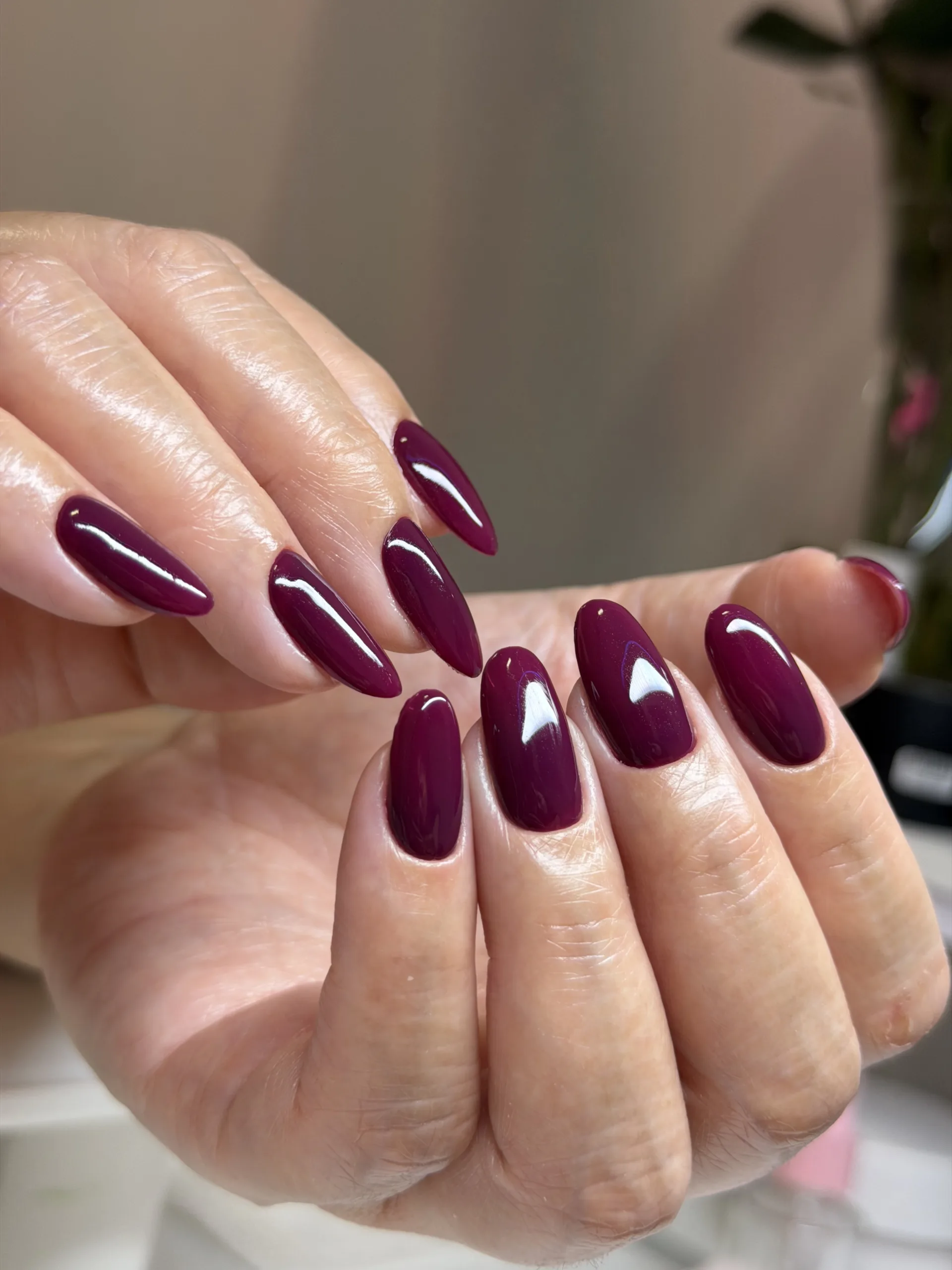 Long burgundy almond-shaped manicure