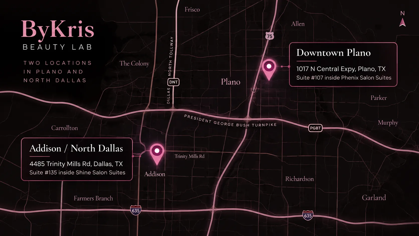 Stylized map of ByKris Beauty Lab's two salon locations in Downtown Plano and Addison / North Dallas, Texas